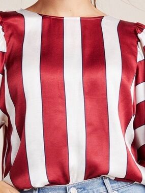 Anthropologie Red and White Vertical Stripe Satin Blouse